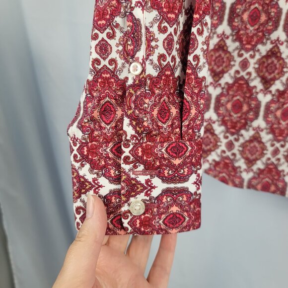 Lands' End No Iron Blouse Size 8 Red & White Paisley Supima Cotton - Picture 4 of 9